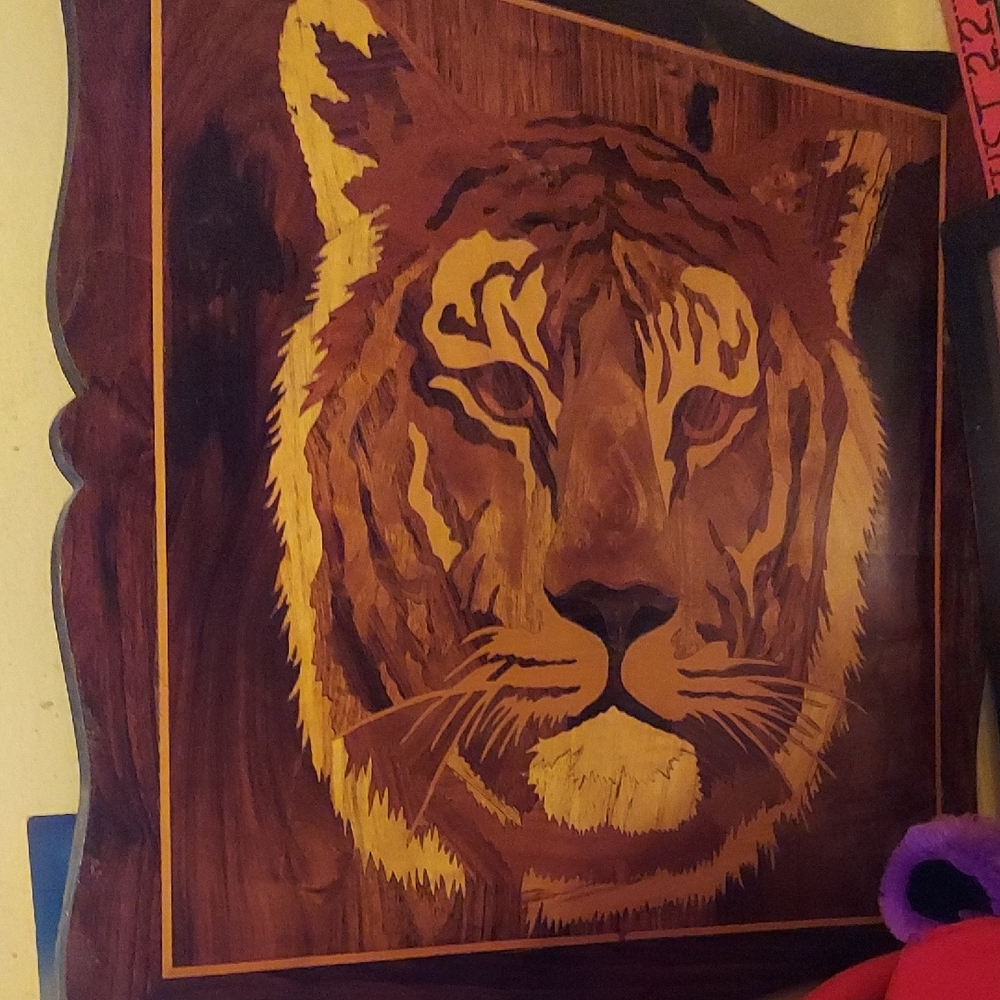 Insane Wood Inlay Retro 60s/ 70s Tiger Portrait. Retro Big Cat Vibes.